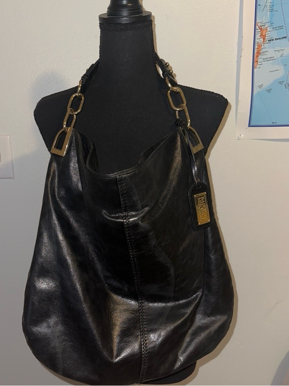 Badgley Mischka Black Leather Shoulder Tote with Gold Chain Accents